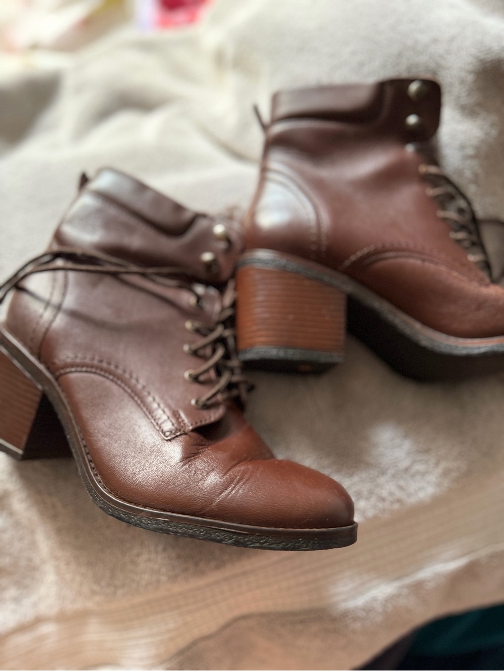 ANDREA FENZI Chestnut Brown Leather Lace-Up Block Heel Ankle Boots